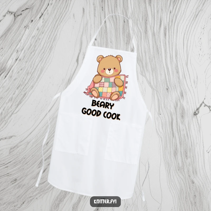Funny Bear Apron: A determined bear proudly sews a patchwork quilt, a humorous kitchen and craft accessory.
