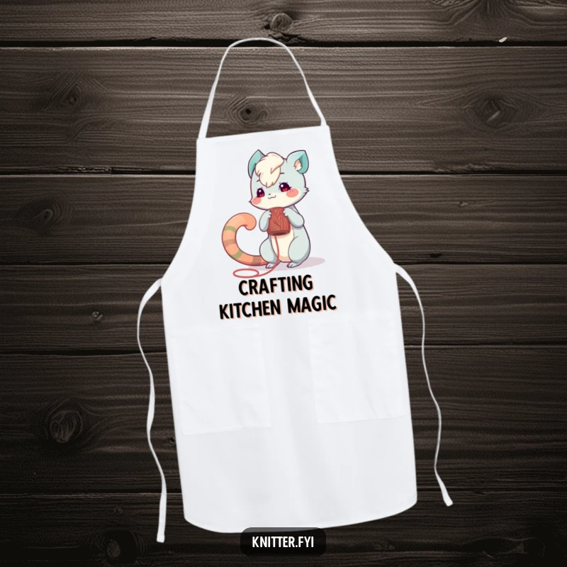 Funny apron: A playful creature with a long tail carefully winds yarn onto a spool, perfect for keeping clothes clean while crafting.