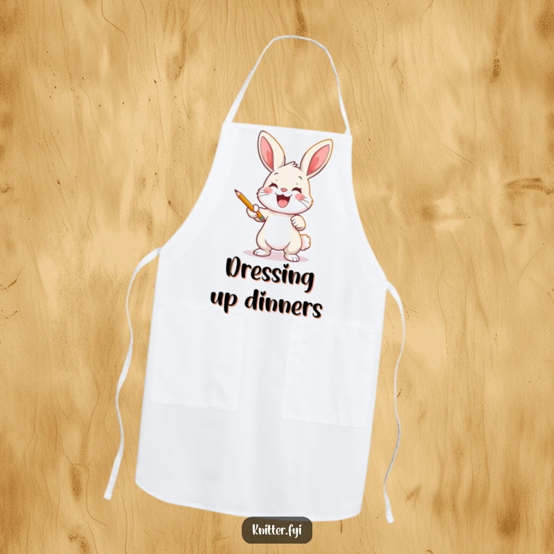 Funny bunny artist apron showing a joyful rabbit casting a pattern onto fabric with a pencil, perfect for creators.