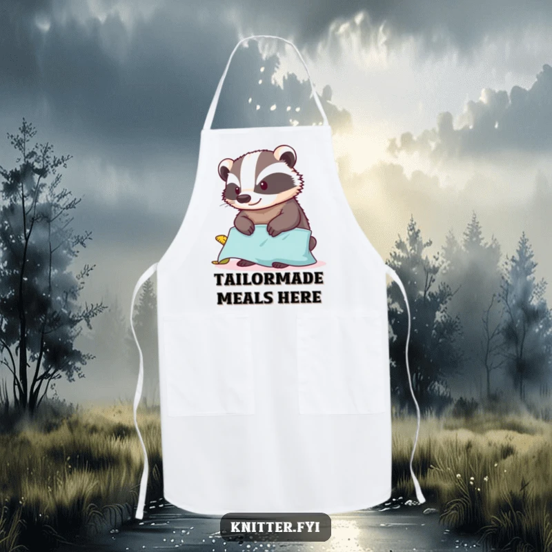Funny badger apron with a tape measure, contentedly measuring fabric, perfect for kitchen or crafting activities.