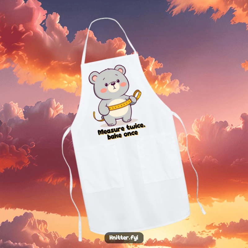 Funny Apron showcasing a determined bear measuring fabric with a golden measuring tape, ideal for a meticulous cook or crafter.