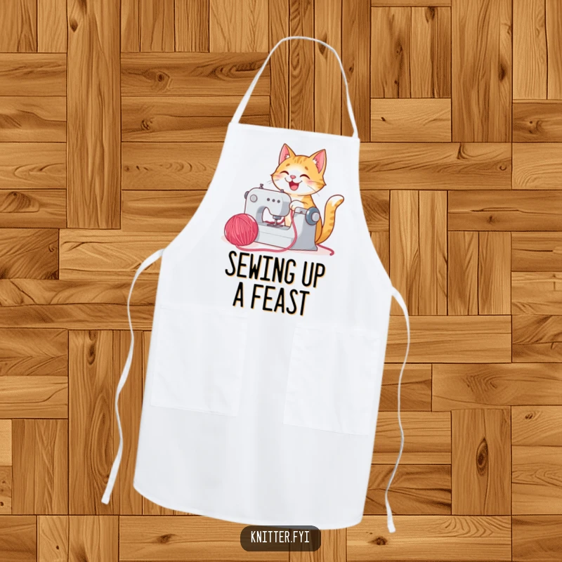 Funny happy cat apron sewing with bright yarn, a playful and functional accessory for crafters.