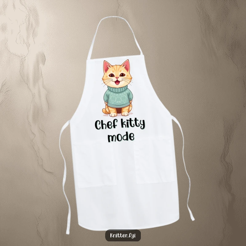 Funny apron showcasing a delighted cat wearing a miniature, handmade knitted sweater. Stylish and humorous kitchen wear, perfect funny gift.
