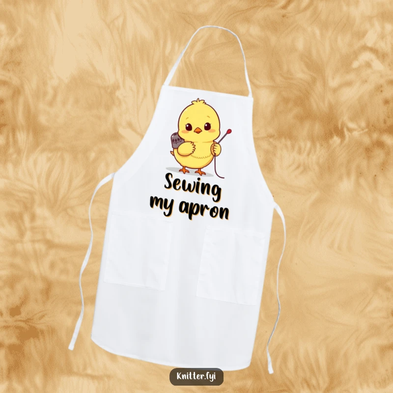 Funny chick apron, a bright yellow chick wearing a tiny thimble, eagerly pushing a needle, useful and cute.