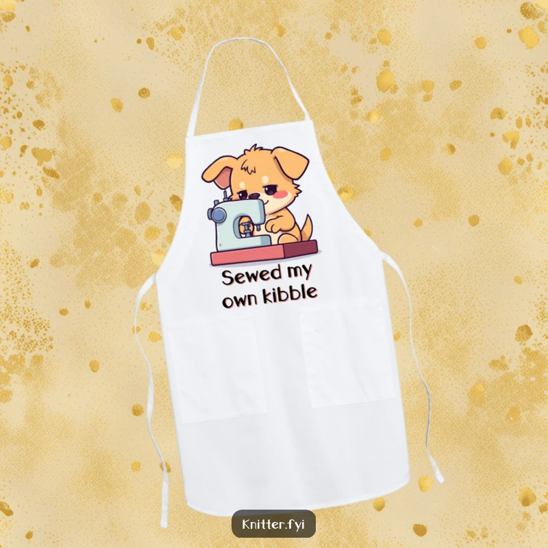 Funny Dog Sewing Apron showing a determined dog character using a sewing machine with great focus, great for sewing.