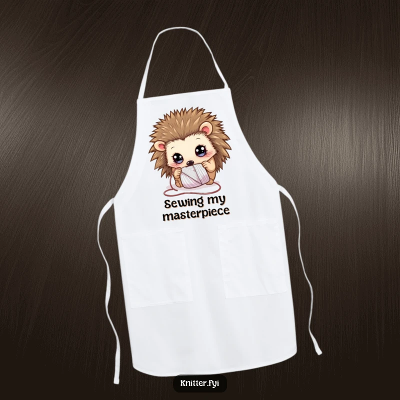 Funny Apron showcasing a curious hedgehog with wide eyes, examining a spool of shimmering thread, ideal for a crafty cook.
