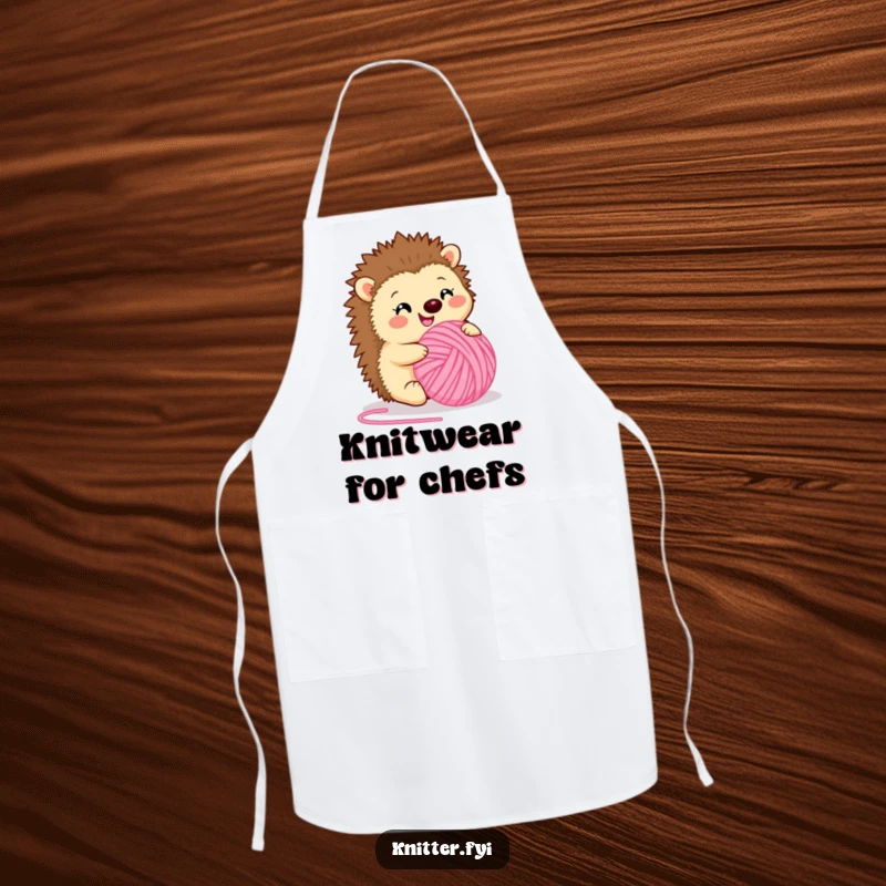 Funny apron showing a happy hedgehog rolling a ball of fuzzy pink yarn. Practical and humorous craft wear, perfect funny gift.