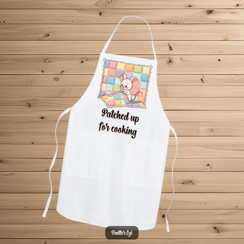 Funny Kawaii mouse character wearing an apron, giggling while sewing colorful patches onto a quilt, a practical and humorous apron.