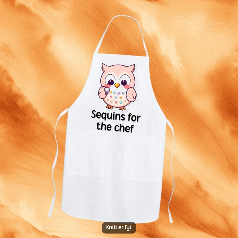 Funny Kawaii owl character wearing an apron, using a thimble to place a sequin, a practical and humorous apron design.