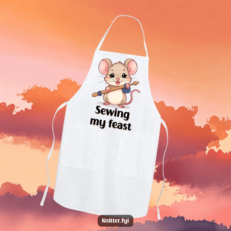 Funny mouse apron, a small mouse holding oversized knitting needles with a determined grin, useful and determined.