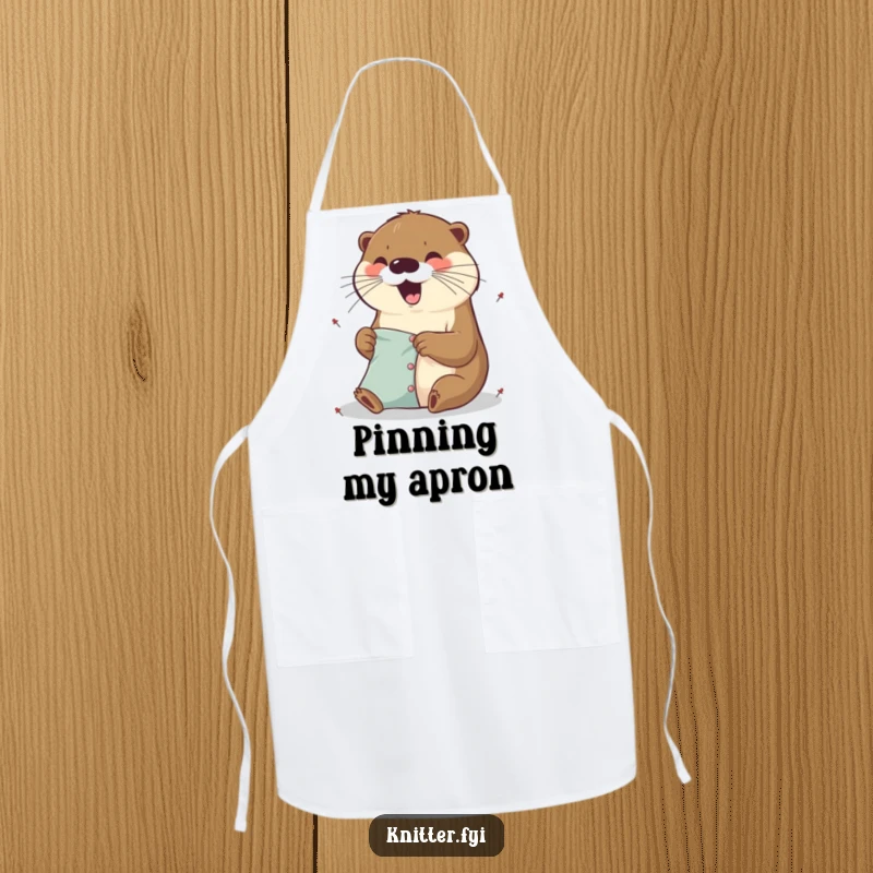 Funny excited otter apron pinning fabric with tiny pins, a playful and functional accessory.