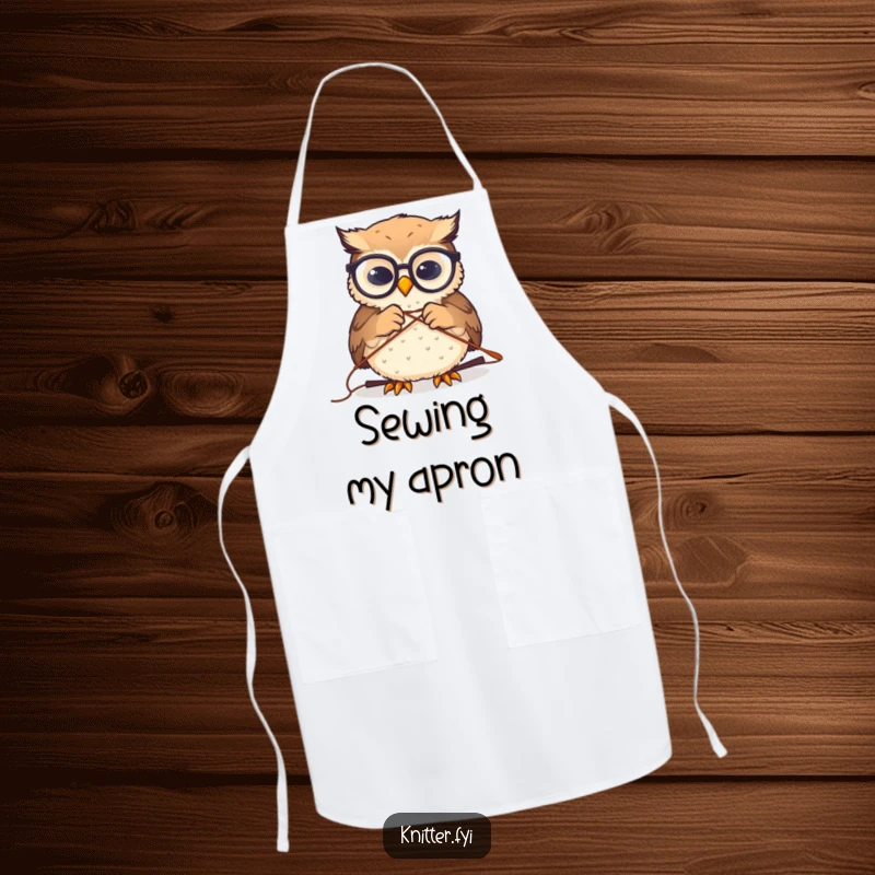 Funny apron featuring a tiny owl wearing spectacles, humorously threading a large sewing needle, perfect for the kitchen or craft room.