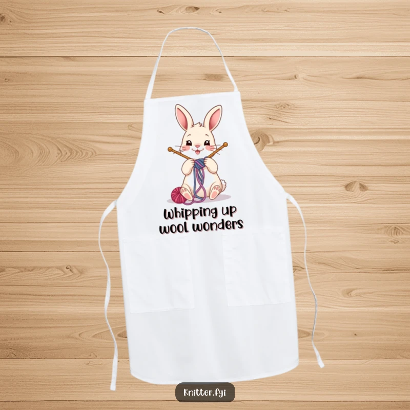 Funny rabbit apron showing a cheerful bunny winding yarn around knitting needles, perfect for protecting clothes during crafts.