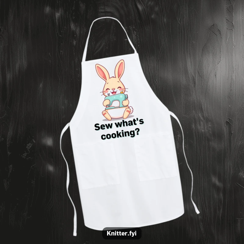 Funny rabbit sewing apron, showing a cheerful rabbit using a tiny sewing machine to stitch a button, practical and amusing.
