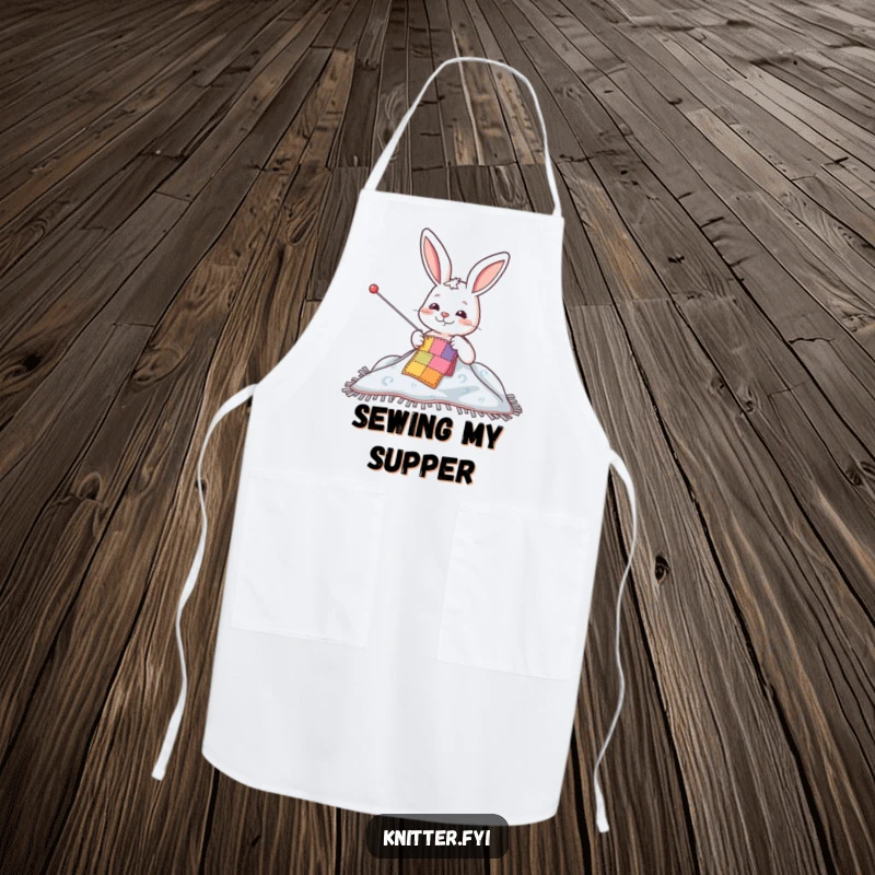 Funny apron with a happy rabbit character sewing a colorful patch onto a blanket, perfect for kitchen or craft room fun.
