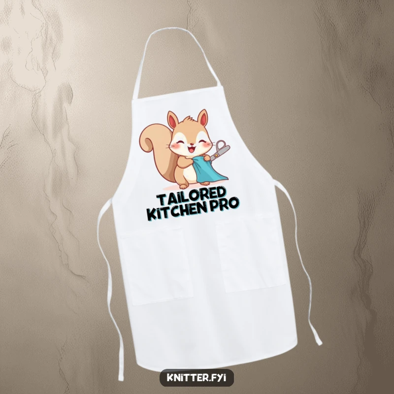 Funny squirrel apron character, excitedly cutting fabric, a humorous and practical sewing accessory.