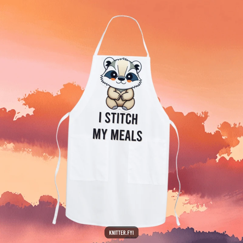 Funny badger apron showing a determined badger embroidering a design, a humorous craft accessory.