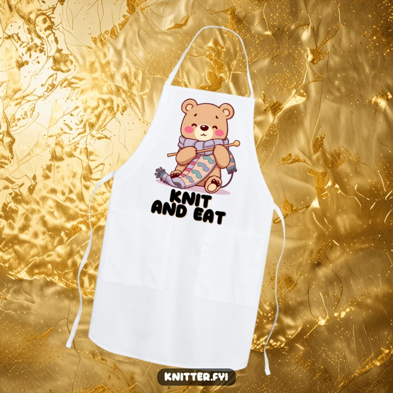 Funny apron with a cheerful bear character knitting a long, vibrant scarf with oversized needles, perfect for crafters.
