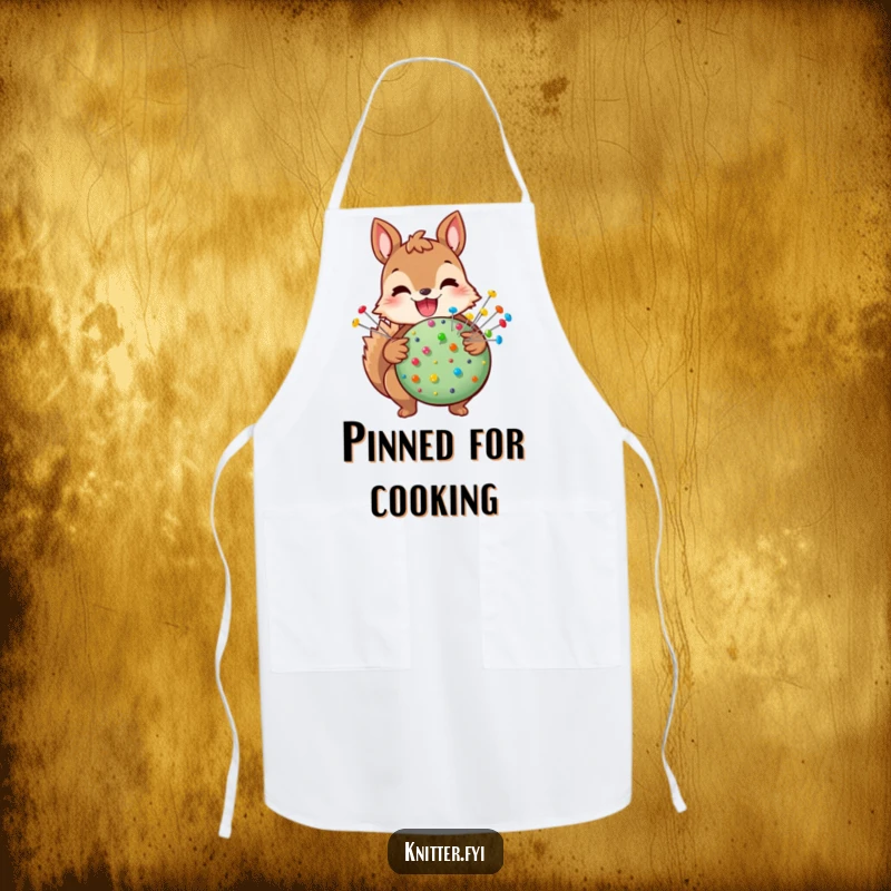 Funny squirrel apron showing a joyful squirrel holding a pincushion with many colorful pins, a humorous craft accessory.