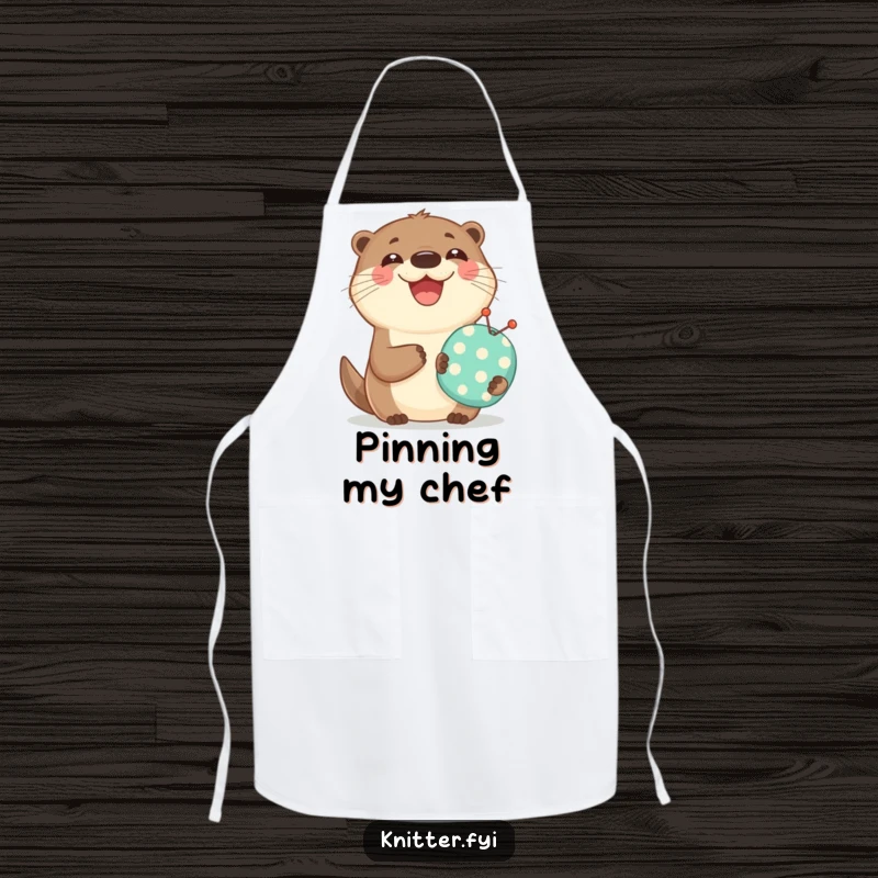 Funny apron with a happy otter holding a miniature pincushion and smiling widely, perfect for kitchen or craft use.