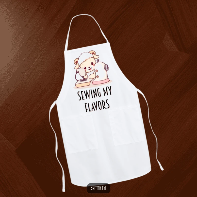 Funny sheepdog apron featuring a dog sewing with large buttons, practical for cooking or crafting with a humorous touch.