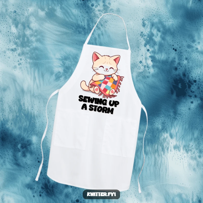 Funny cat apron showing a happy cat sewing a small quilt, perfect for keeping messes at bay during creative pursuits.
