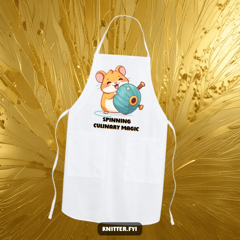 Funny Kawaii hamster apron, busily spinning a large thread bobbin with a happy expression, ideal for kitchen or craft.