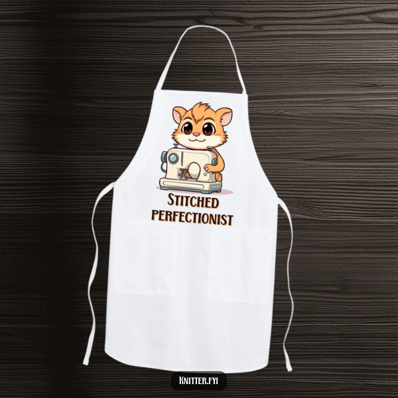 Funny Apron: A determined creature with a focused gaze smiles while operating a miniature sewing machine.