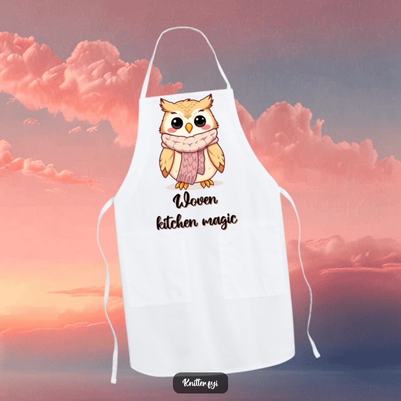 Funny owl knitting apron featuring a happy owl proudly showing off a perfectly knitted scarf, great for crafters.