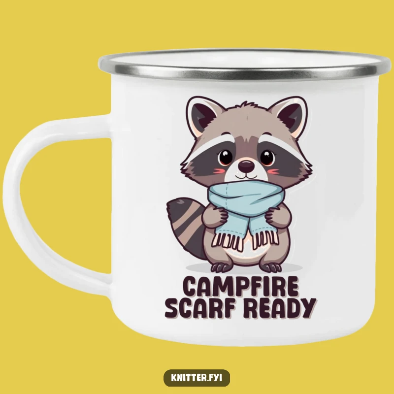 Funny Kawaii Raccoon Camping Mug: Scarf Crafting Adventure - Outdoor Hilarious Gift