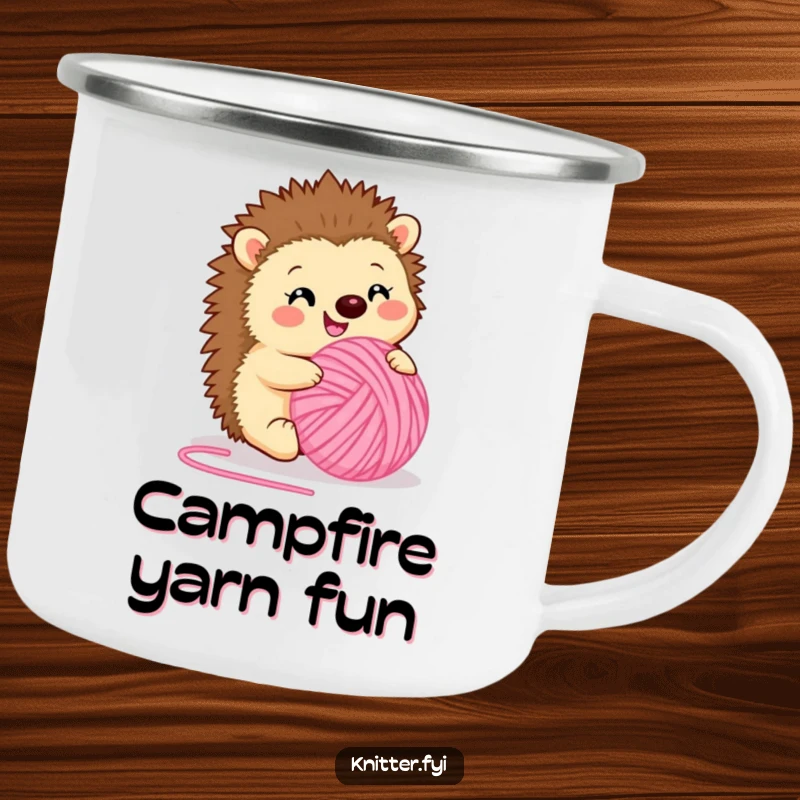Funny camping mug with a happy hedgehog happily rolling a ball of fuzzy pink yarn. Durable and whimsical for outdoor adventures, a perfect funny gift.