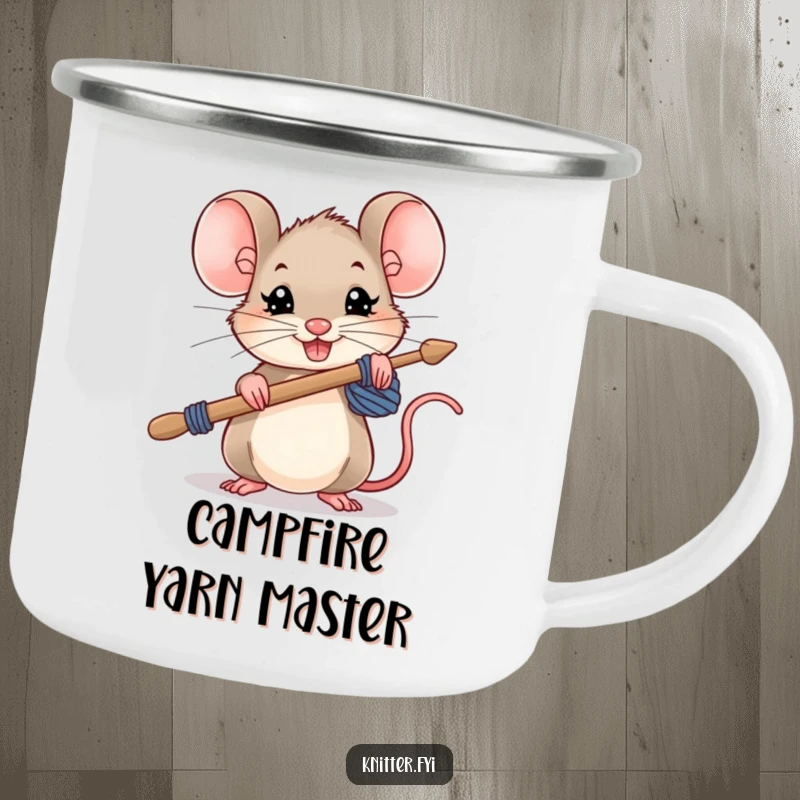 Funny mouse camping mug, a small mouse holding oversized knitting needles with a determined grin, durable and inspiring.