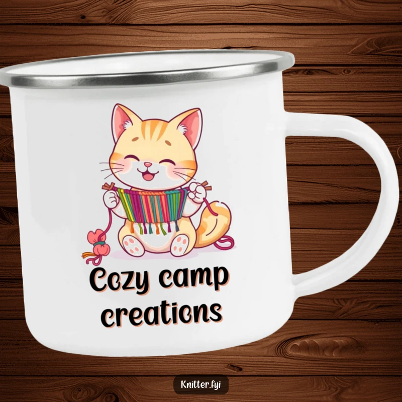 Happy cat character expertly weaving a tapestry with its paws, on a camping mug.