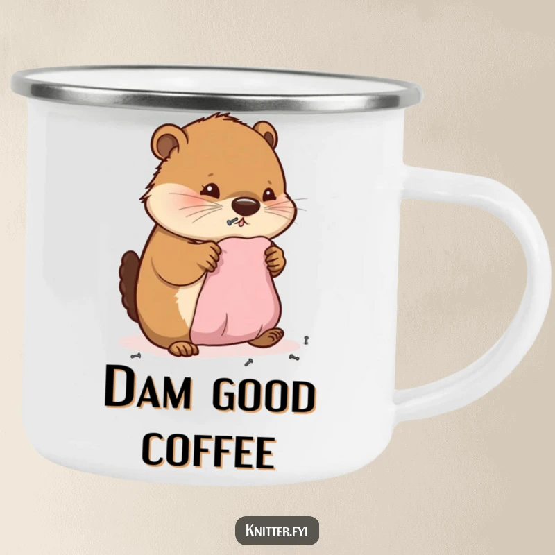 Funny camping mug with a cheerful beaver diligently hammering tiny nails into miniature fabric, ready for outdoor adventures.