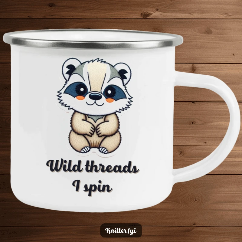 Funny badger camping mug with a determined badger embroidering, a humorous companion for outdoor adventures.
