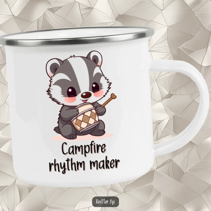 Funny badger drummer camping mug with a mischievous badger using a tiny thimble as a drum, durable and cool.