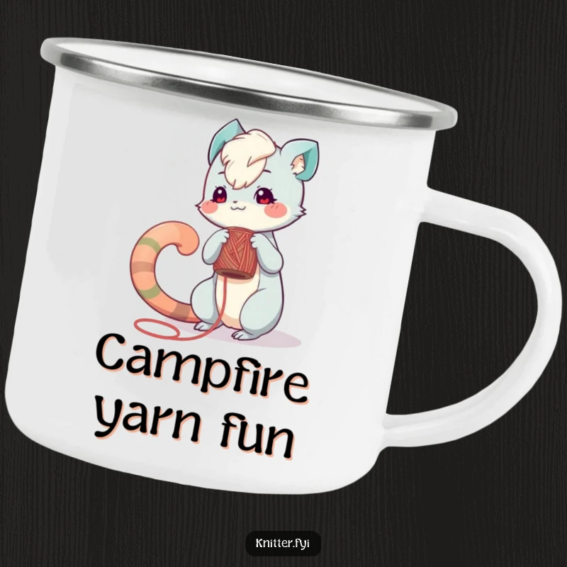 Funny camping mug: A playful creature with a long tail winds yarn around a spool, perfect for cozy camp crafting.