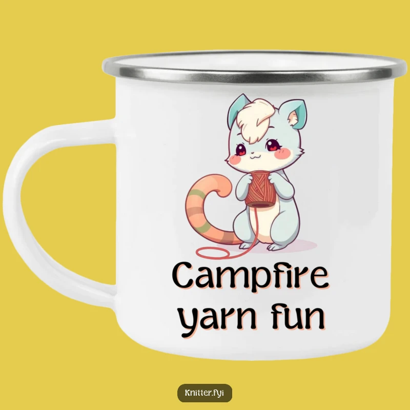 Funny Camping Mug: Playful Creature Winds Yarn, Sip & Craft!