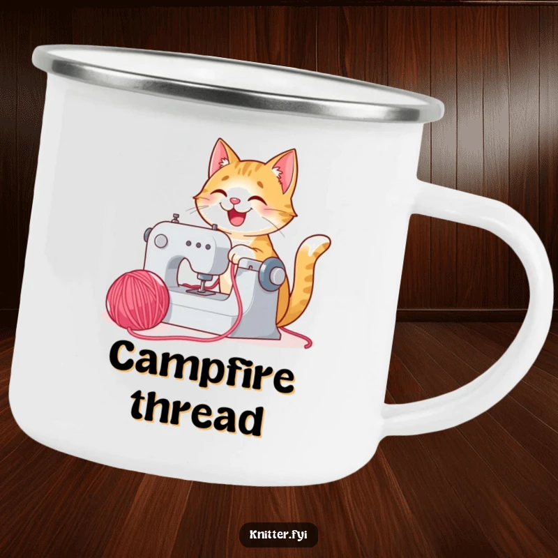 Funny happy cat camping mug sewing with yarn, a durable and humorous drinkware for craft lovers.