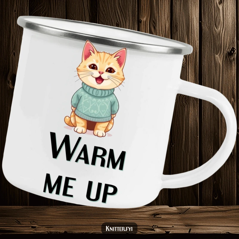 Funny camping mug with a delighted cat wearing a cozy, handmade sweater. Durable and charming for outdoor trips, a perfect funny gift.