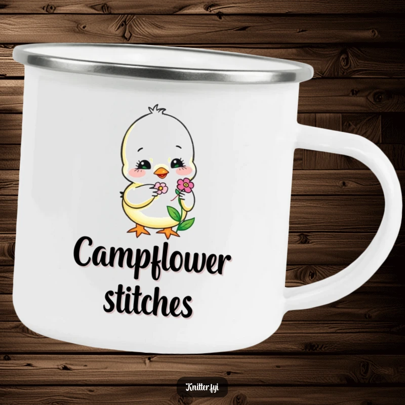 Funny Camping Mug featuring a sweet chick carefully embroidering a tiny, smiling flower, built for adventure and charm.
