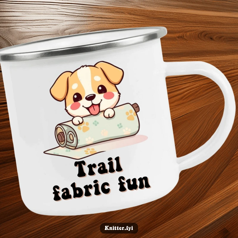 Funny Camping Mug featuring a happy dog unrolling a roll of patterned fabric, built for adventure and charm.