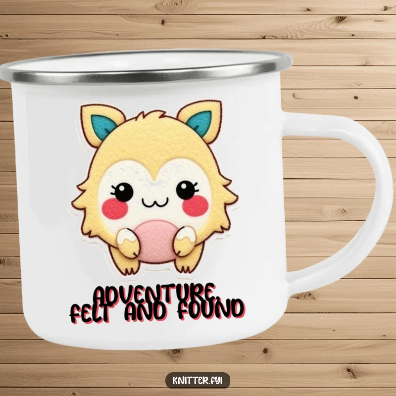 Funny camping mug with a gleeful, rosy-cheeked creature cutting felt, designed for outdoor enthusiasts and crafters alike.