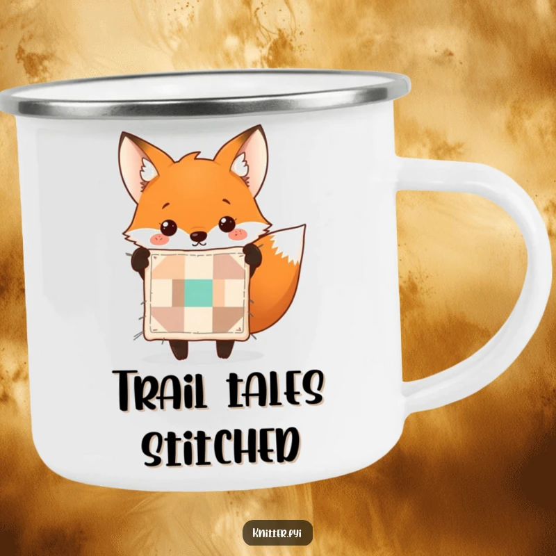 Funny fox camping mug showing a cheerful fox holding up a perfectly stitched tiny quilt. Durable and humorous.