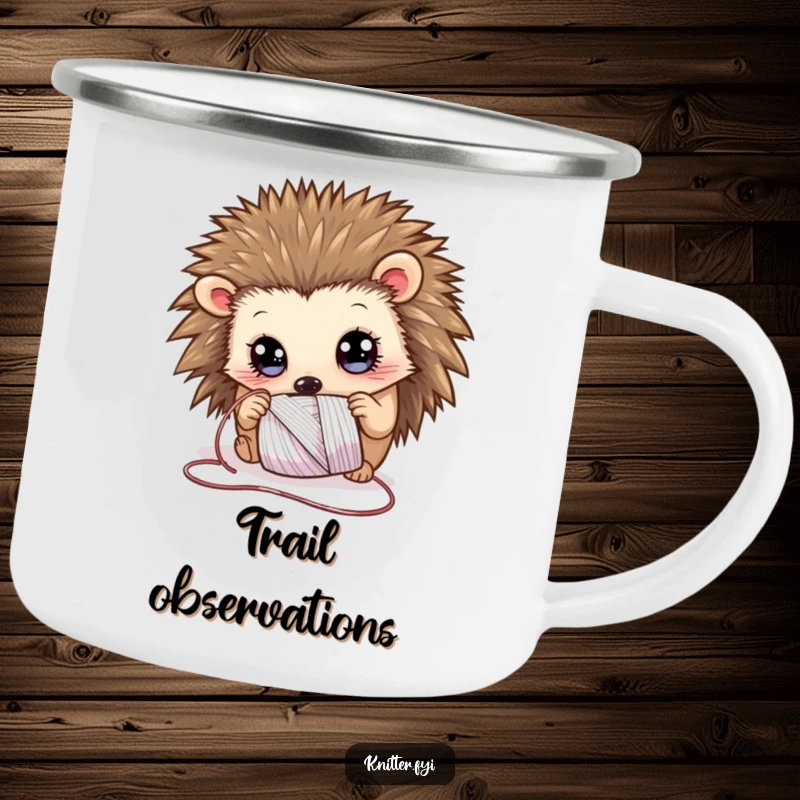 Funny Camping Mug featuring a curious hedgehog with wide eyes, examining a spool of shimmering thread, built for adventure and charm.