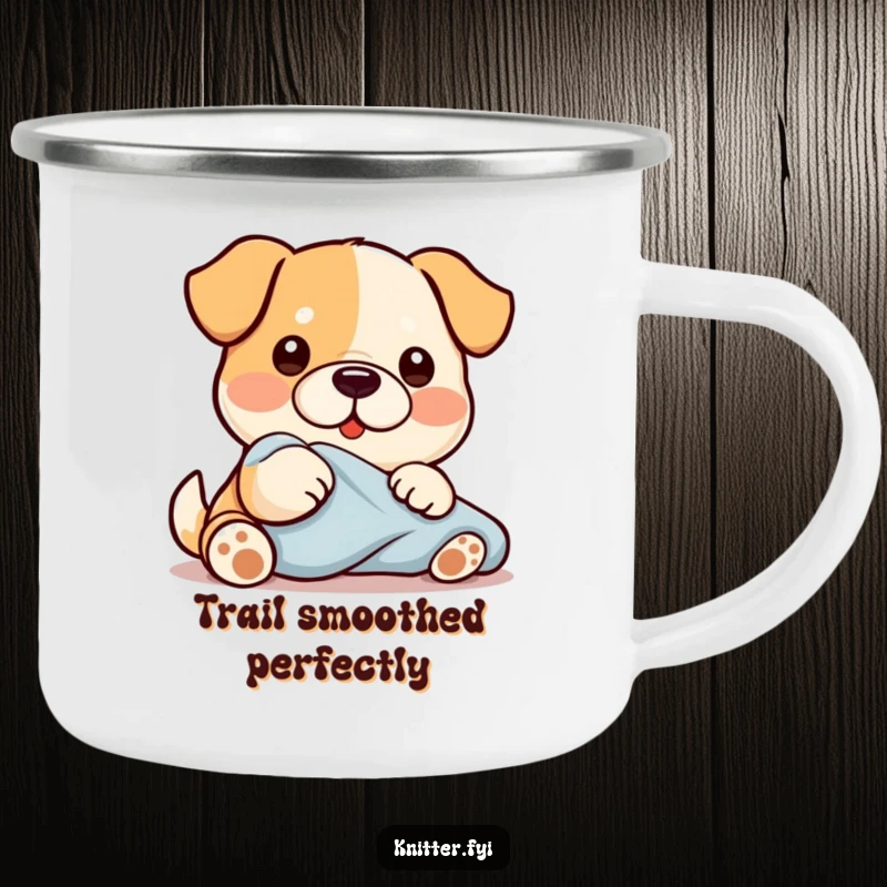 Funny Kawaii dog character in a camping setting, diligently smoothing fabric with its paw, an adventurous and funny design.