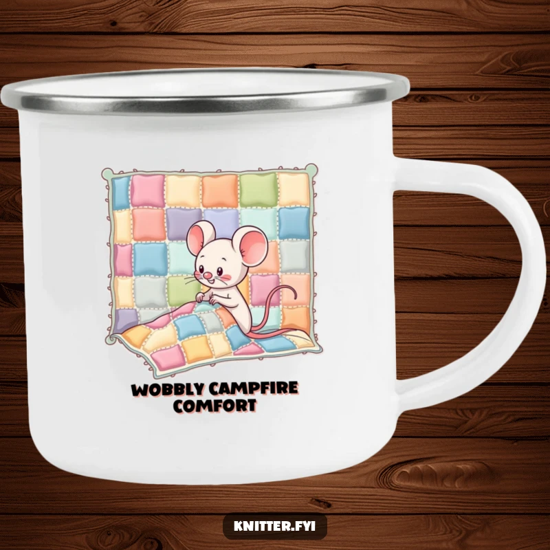 Funny Kawaii mouse character in a camping setting, giggling while sewing colorful patches onto a quilt, an adventurous and funny design.