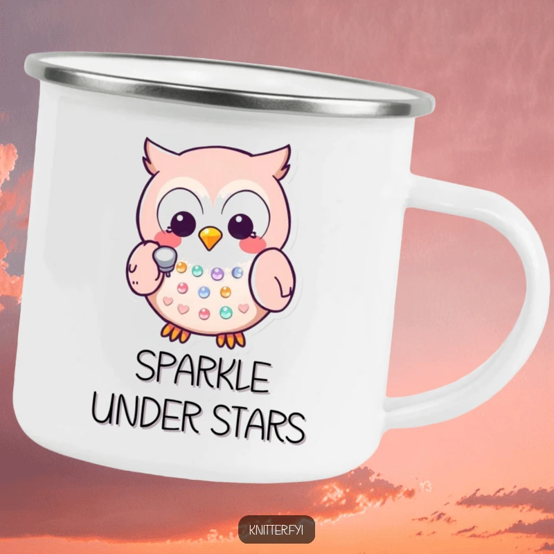 Funny Kawaii owl character in a camping mug setting, using a thimble to tap a sequin, an adventurous and funny design.