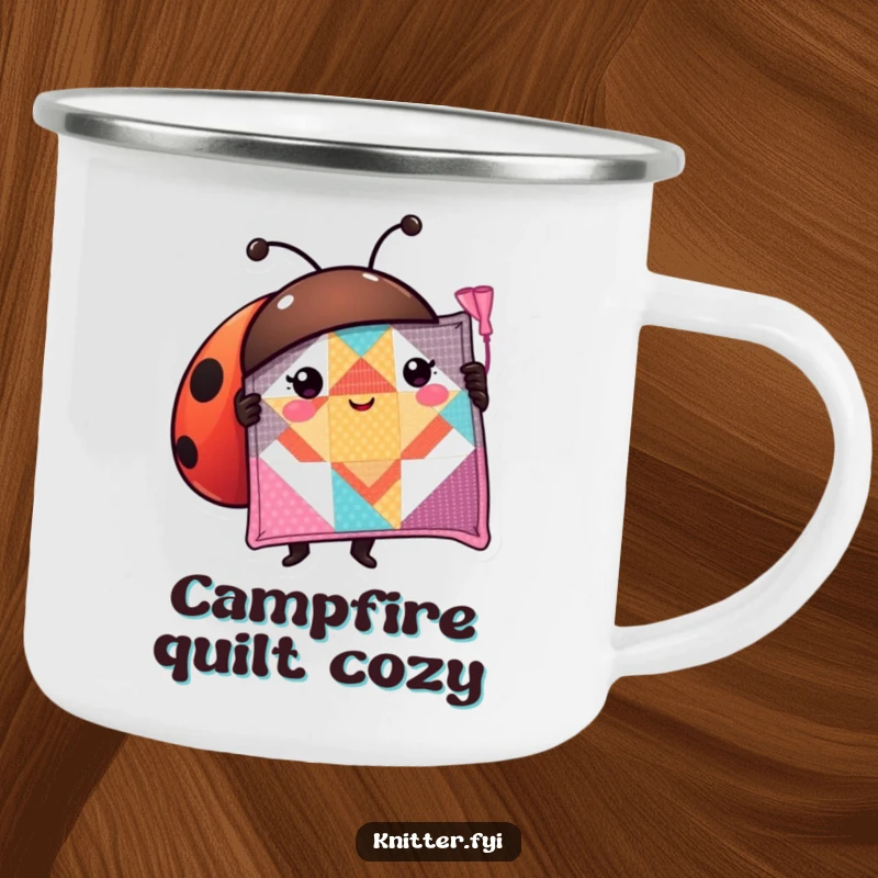 Funny ladybug camping mug featuring a proud character showing off a quilt square, designed for outdoor fun.