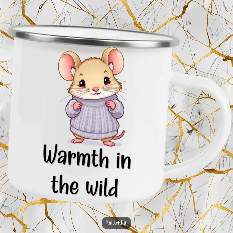 Funny mouse camping mug with a curious mouse trying on a miniature knitted sweater, perfect for outdoor adventures.
